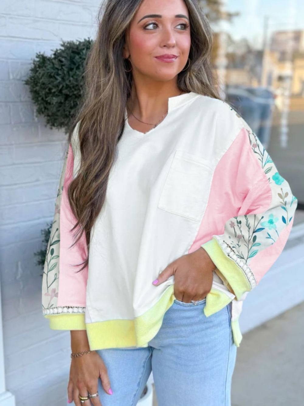 S50- Floral Sleeve Colorblock Pullover With Accent Pocket Lace Trim Sleeves